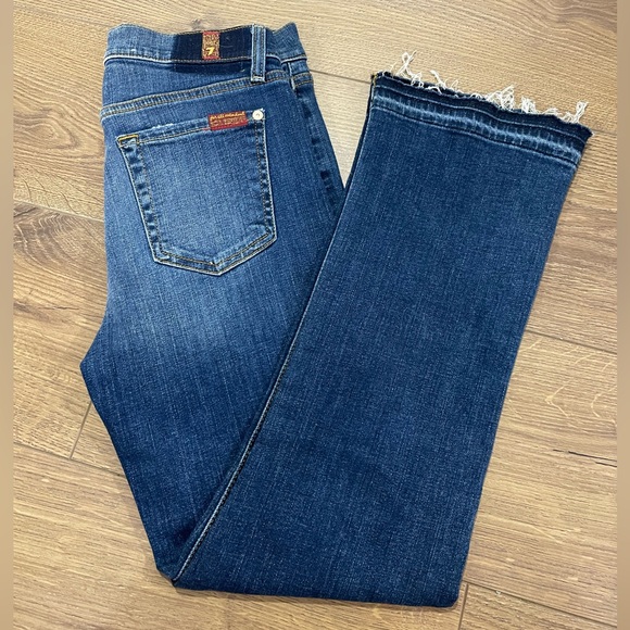 7 For All Mankind Cropped Boot Cut Raw Hem Medium Wash Designer Denim 26” - Picture 2 of 9